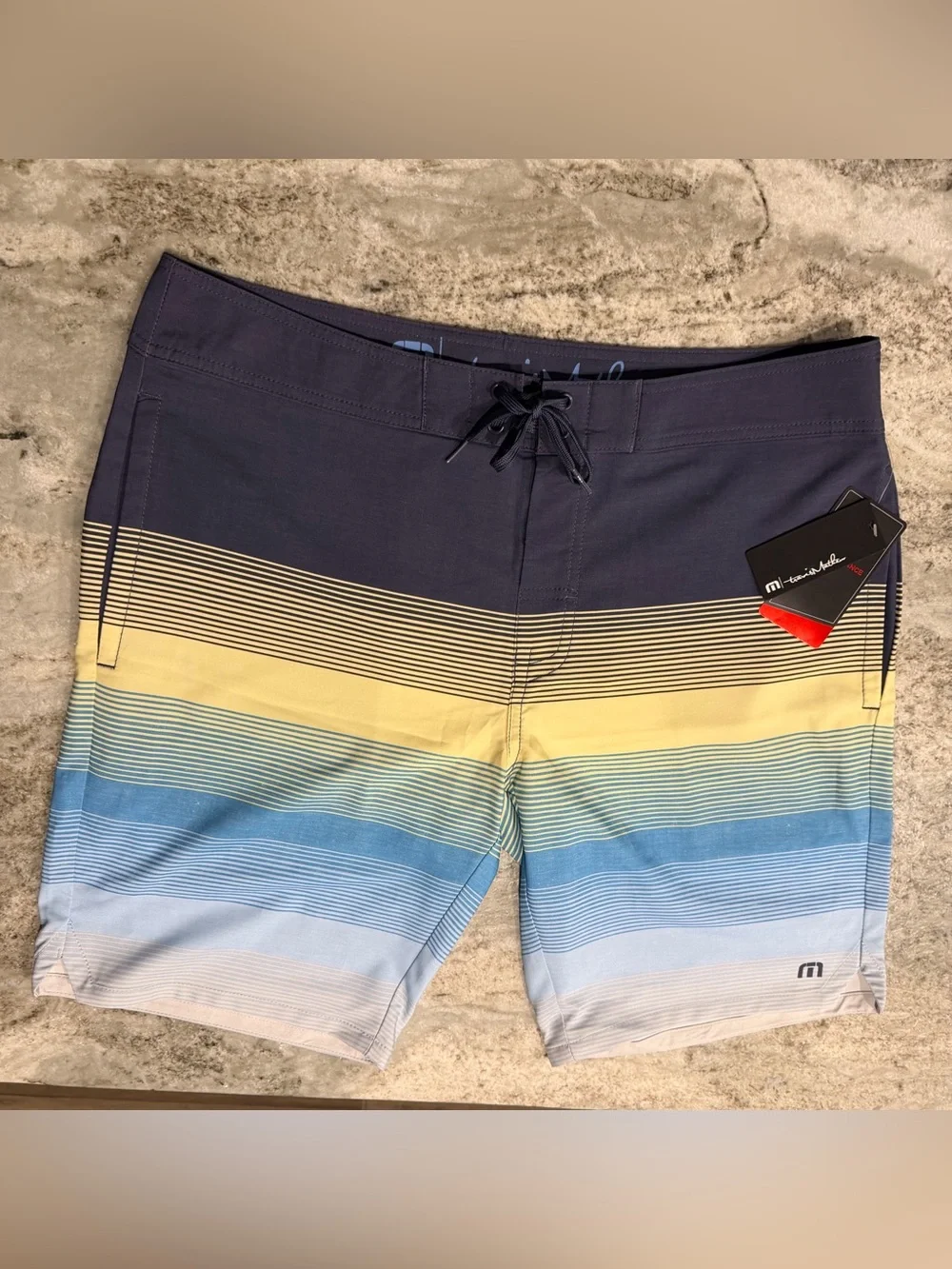 NWT | Travis Mathew | Seegrid Swim Board Shorts | Size 36 | Blue & Yellow Stripe